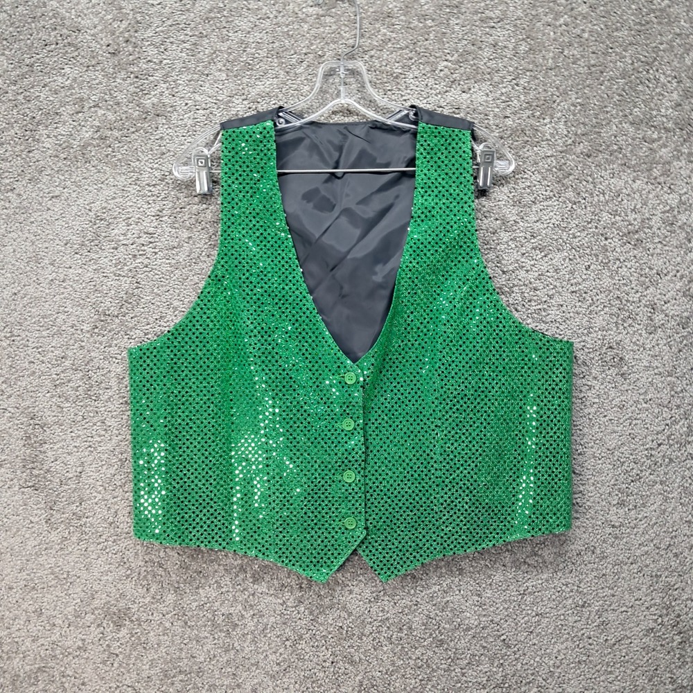 Six Star Uniforms Green Sequin Vest XL V-Neck Button Front Adjustable Back Cinch